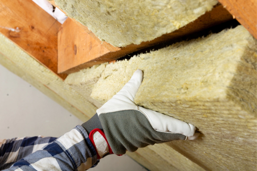 man installing insulation on a wall of attic